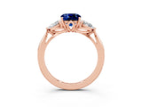 Rose gold Three-Stone Cushion Cut Blue Sapphire Ring with Pear  Side Stones in Four-Prong Setting_15