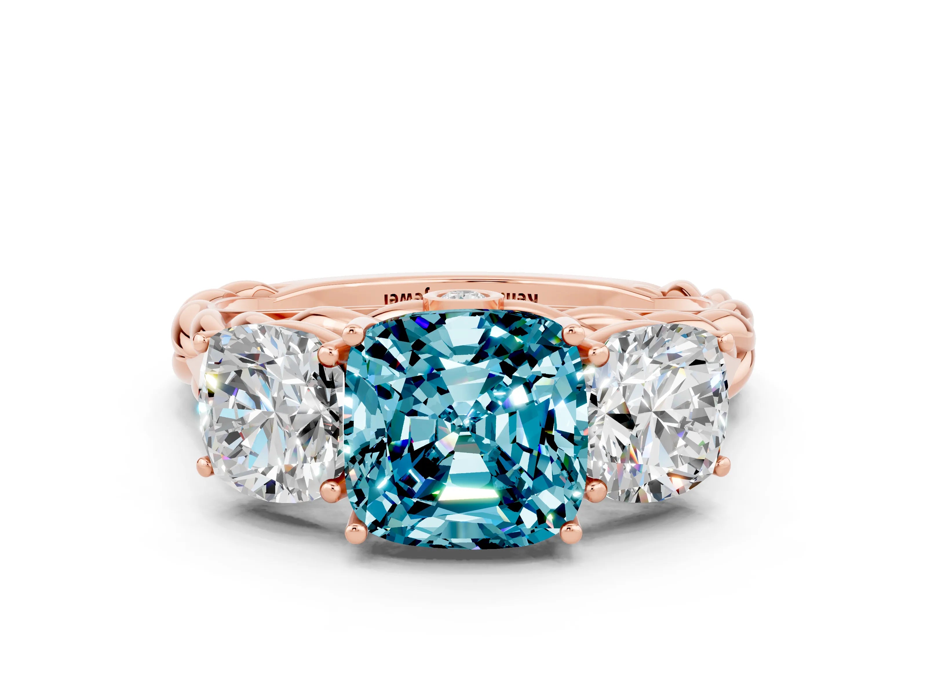 Rose gold Three-Stone Cushion Cut Blue Topaz Braided Band Ring with Four-Prong Setting_12