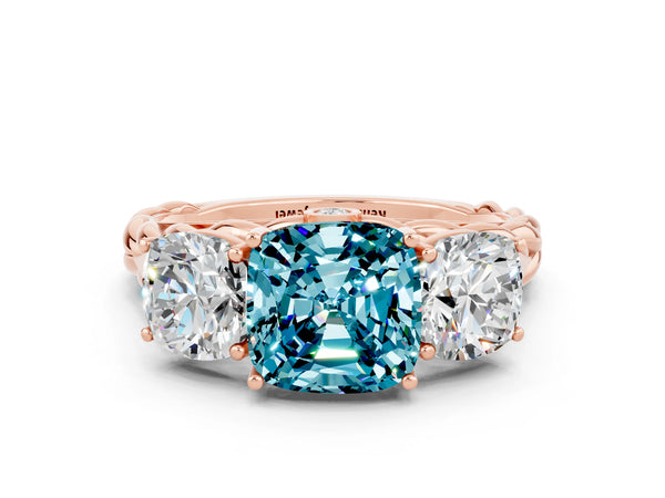 Rose gold Three-Stone Cushion Cut Blue Topaz Braided Band Ring with Four-Prong Setting