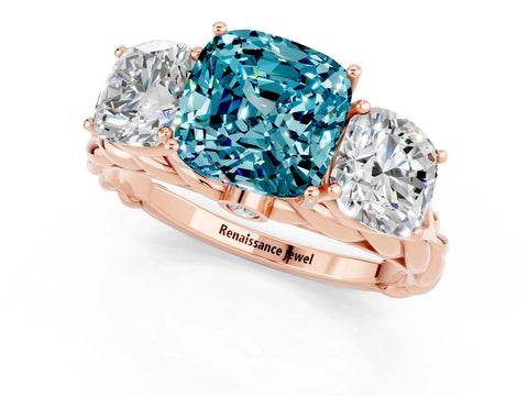 Rose gold Three-Stone Cushion Cut Blue Topaz Braided Band Ring with Four-Prong Setting_13