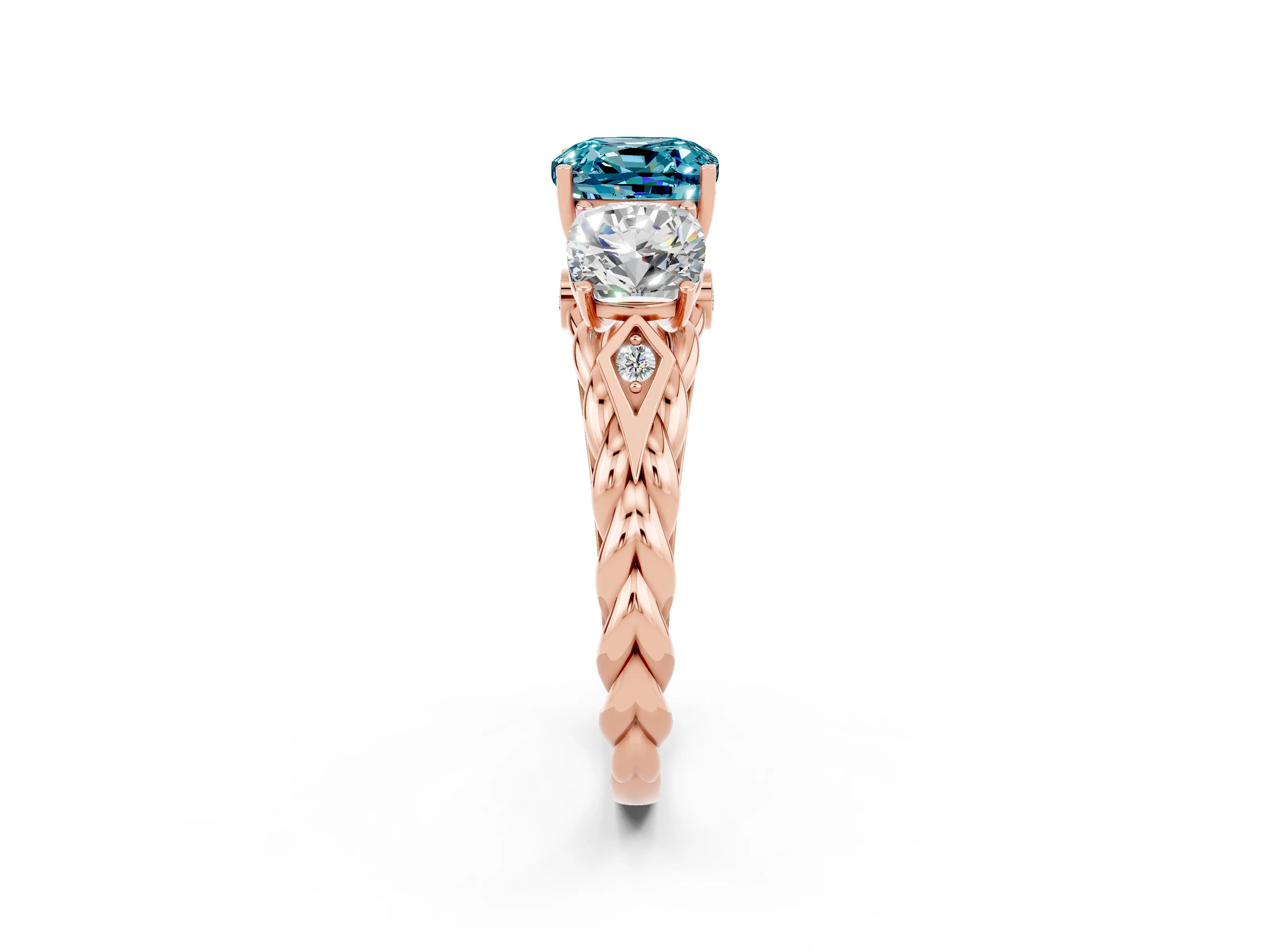 Rose gold Three-Stone Cushion Cut Blue Topaz Braided Band Ring with Four-Prong Setting_14