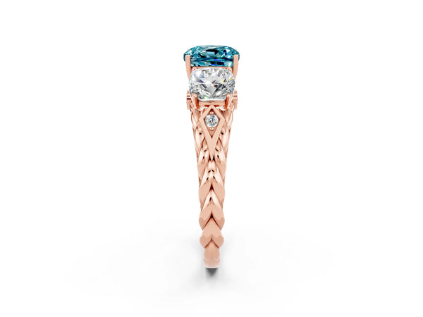Rose gold Three-Stone Cushion Cut Blue Topaz Braided Band Ring with Four-Prong Setting