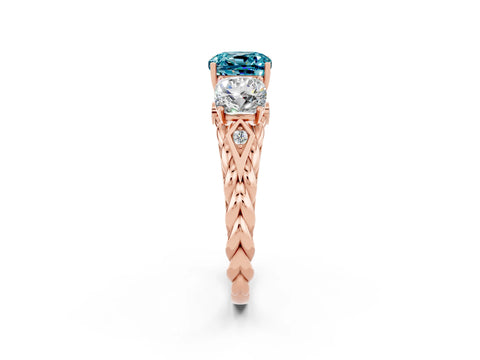 Rose gold Three-Stone Cushion Cut Blue Topaz Braided Band Ring with Four-Prong Setting_14