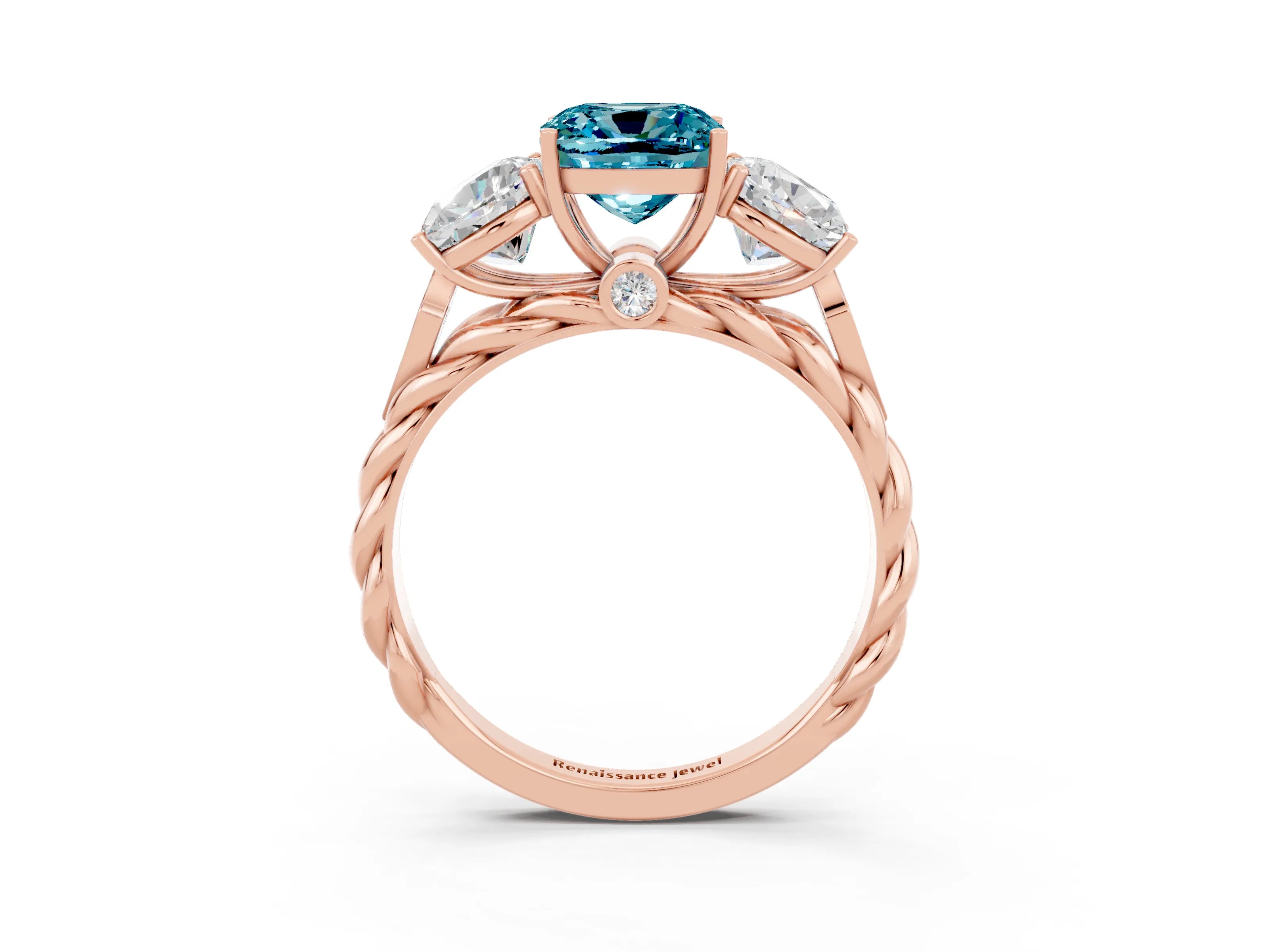 Rose gold Three-Stone Cushion Cut Blue Topaz Braided Band Ring with Four-Prong Setting_15