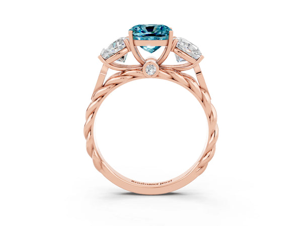 Rose gold Three-Stone Cushion Cut Blue Topaz Braided Band Ring with Four-Prong Setting
