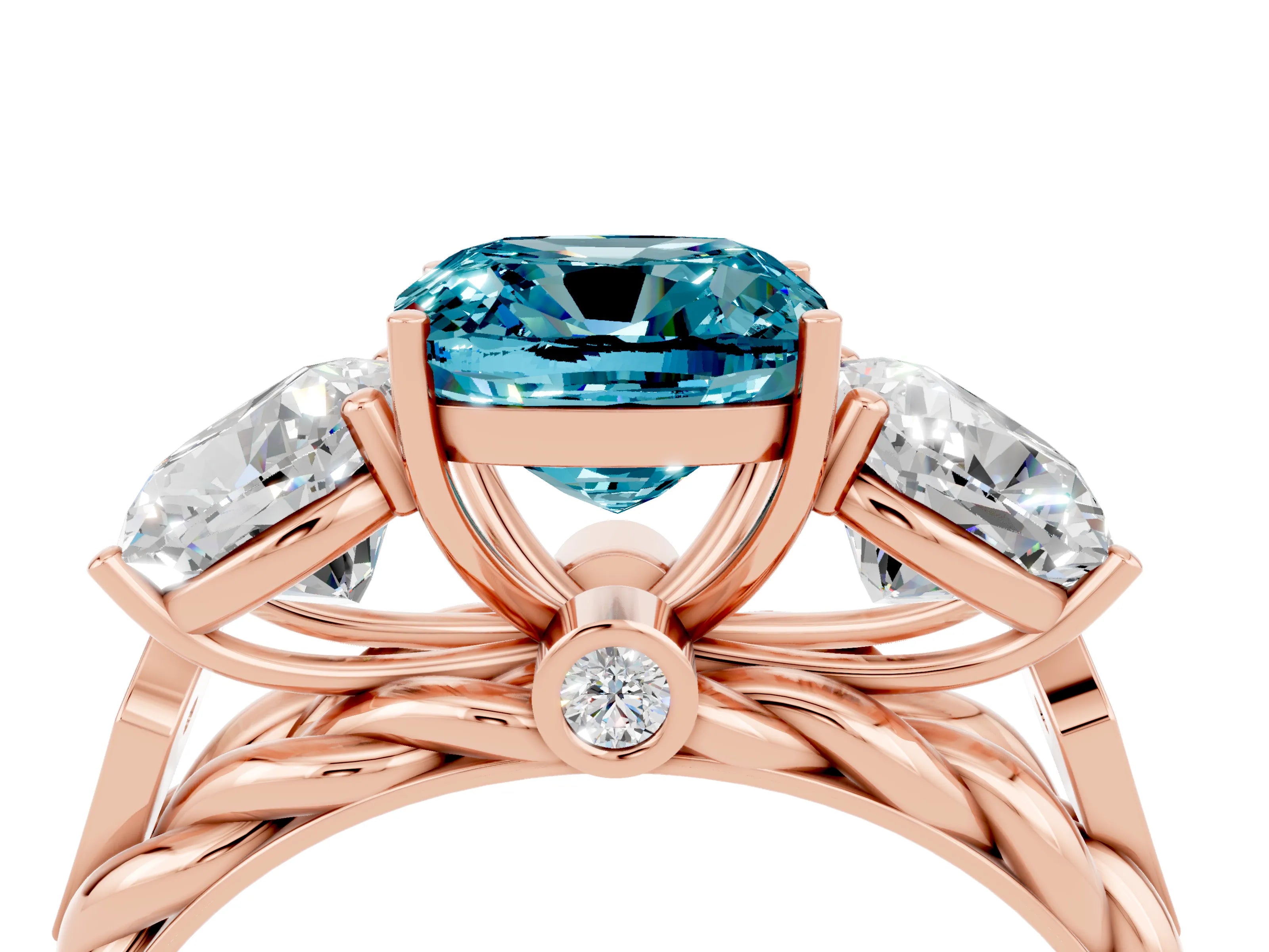 Rose gold Three-Stone Cushion Cut Blue Topaz Braided Band Ring with Four-Prong Setting_16