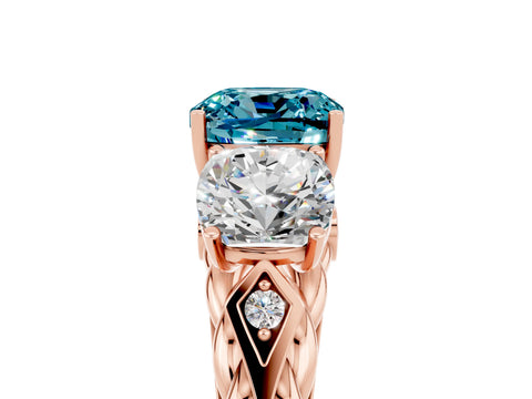 Rose gold Three-Stone Cushion Cut Blue Topaz Braided Band Ring with Four-Prong Setting_17