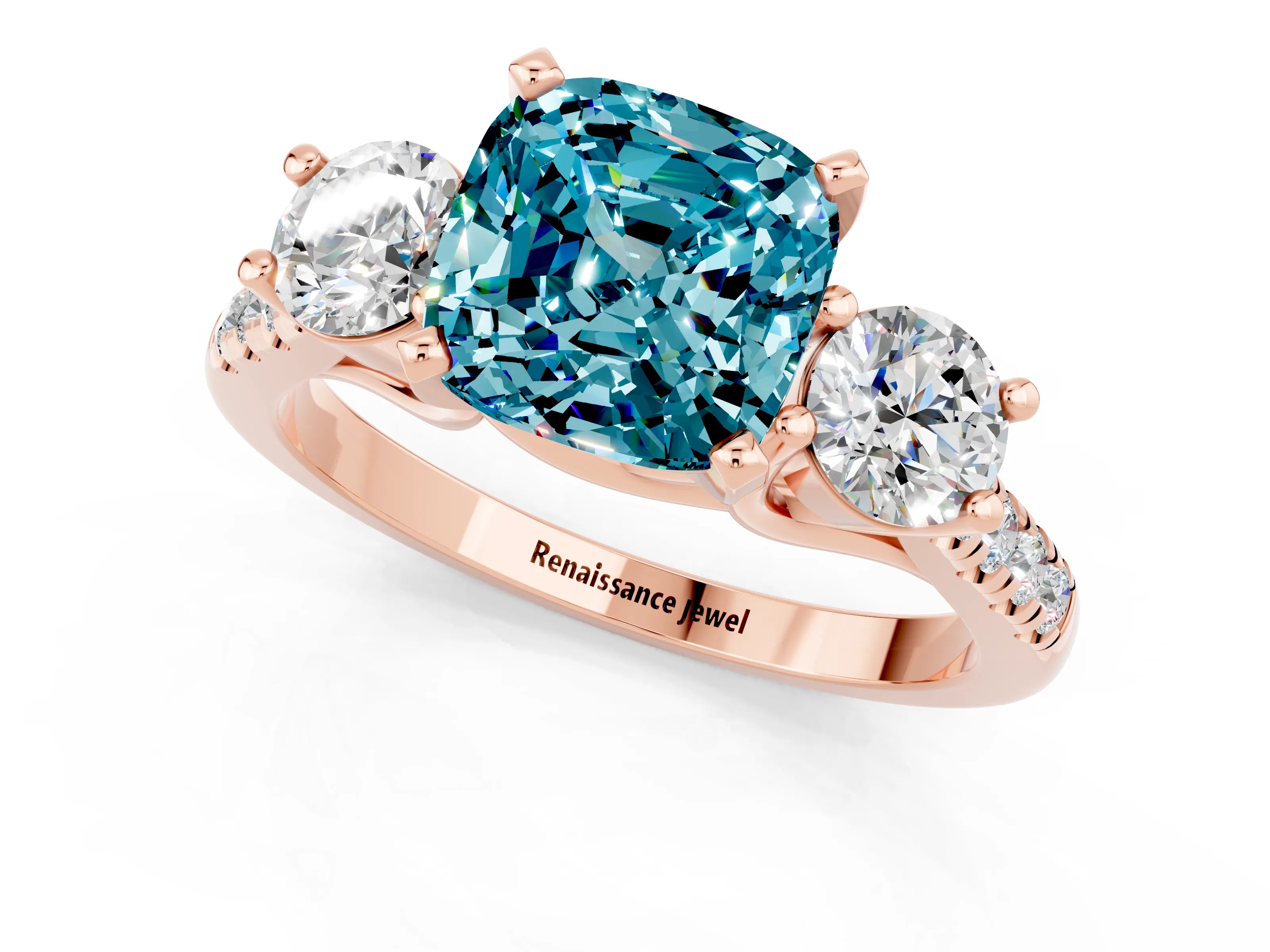 Rose gold Three-Stone Cushion Cut Blue Topaz Pavé Band with Four-Prong Setting_1
