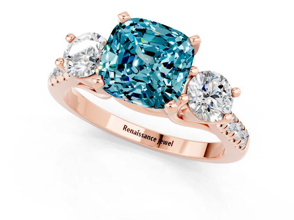 Rose gold Three-Stone Cushion Cut Blue Topaz Pavé Band with Four-Prong Setting