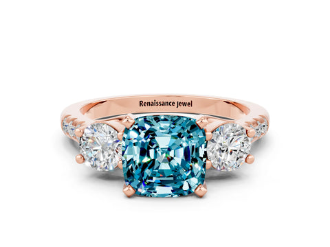 Rose gold Three-Stone Cushion Cut Blue Topaz Pavé Band with Four-Prong Setting