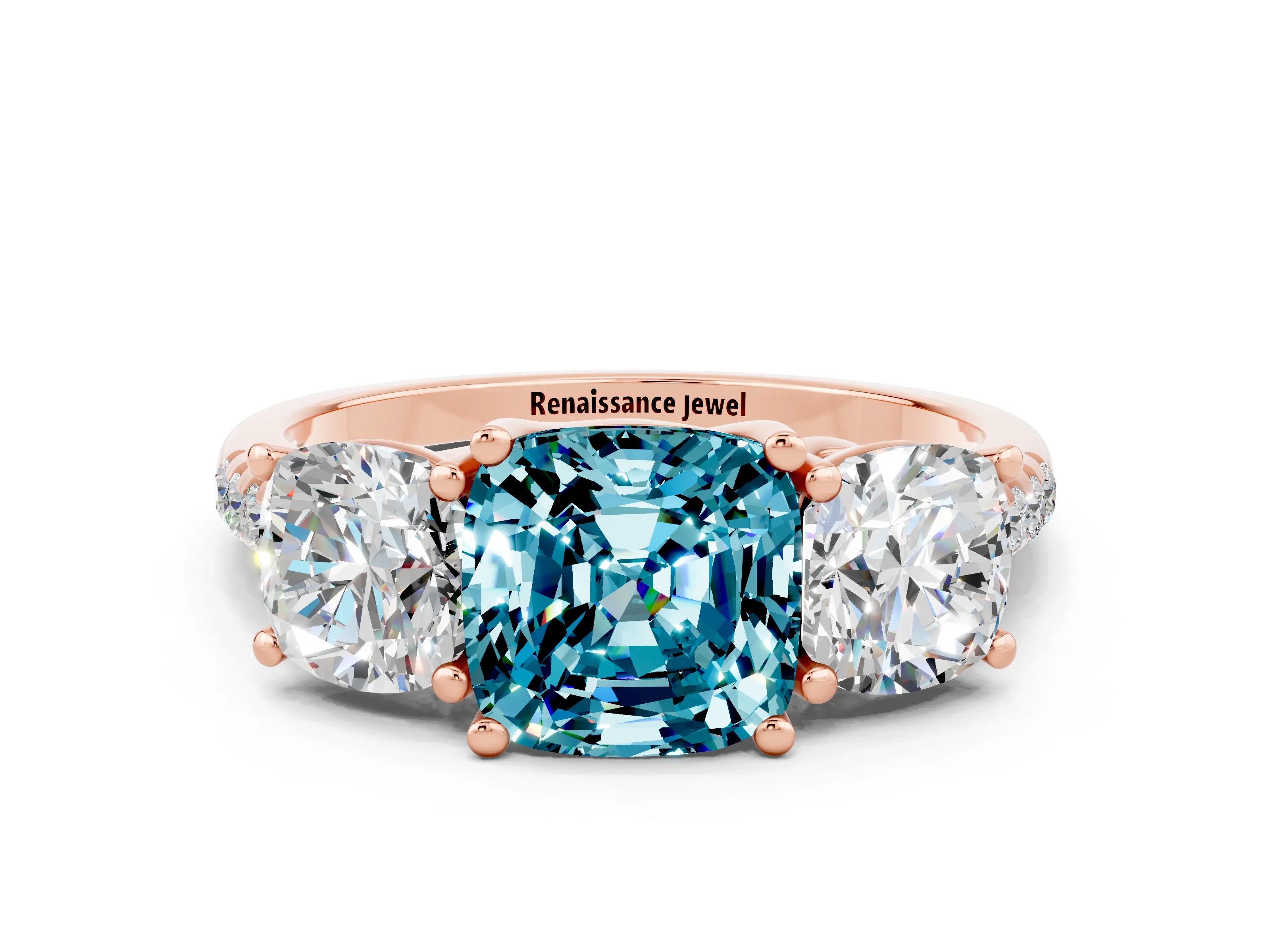 Rose gold Three-Stone Cushion Cut Blue Topaz Ring with Pavé Band and Prong Setting_12