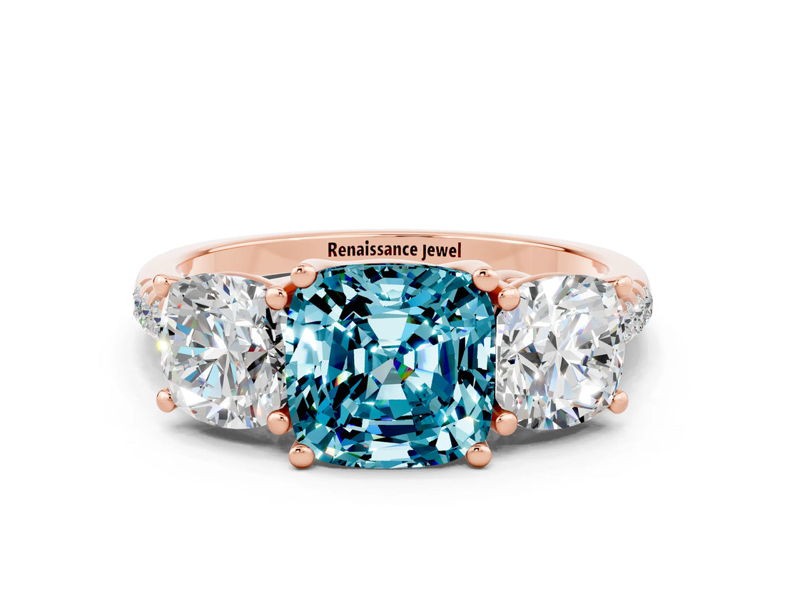 Rose gold Three-Stone Cushion Cut Blue Topaz Ring with Pavé Band and Prong Setting_12