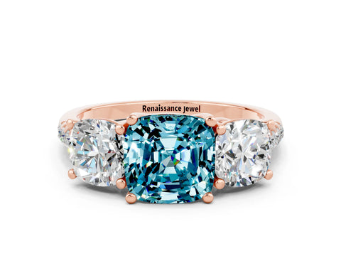 Rose gold Three-Stone Cushion Cut Blue Topaz Ring with Pavé Band and Prong Setting_12