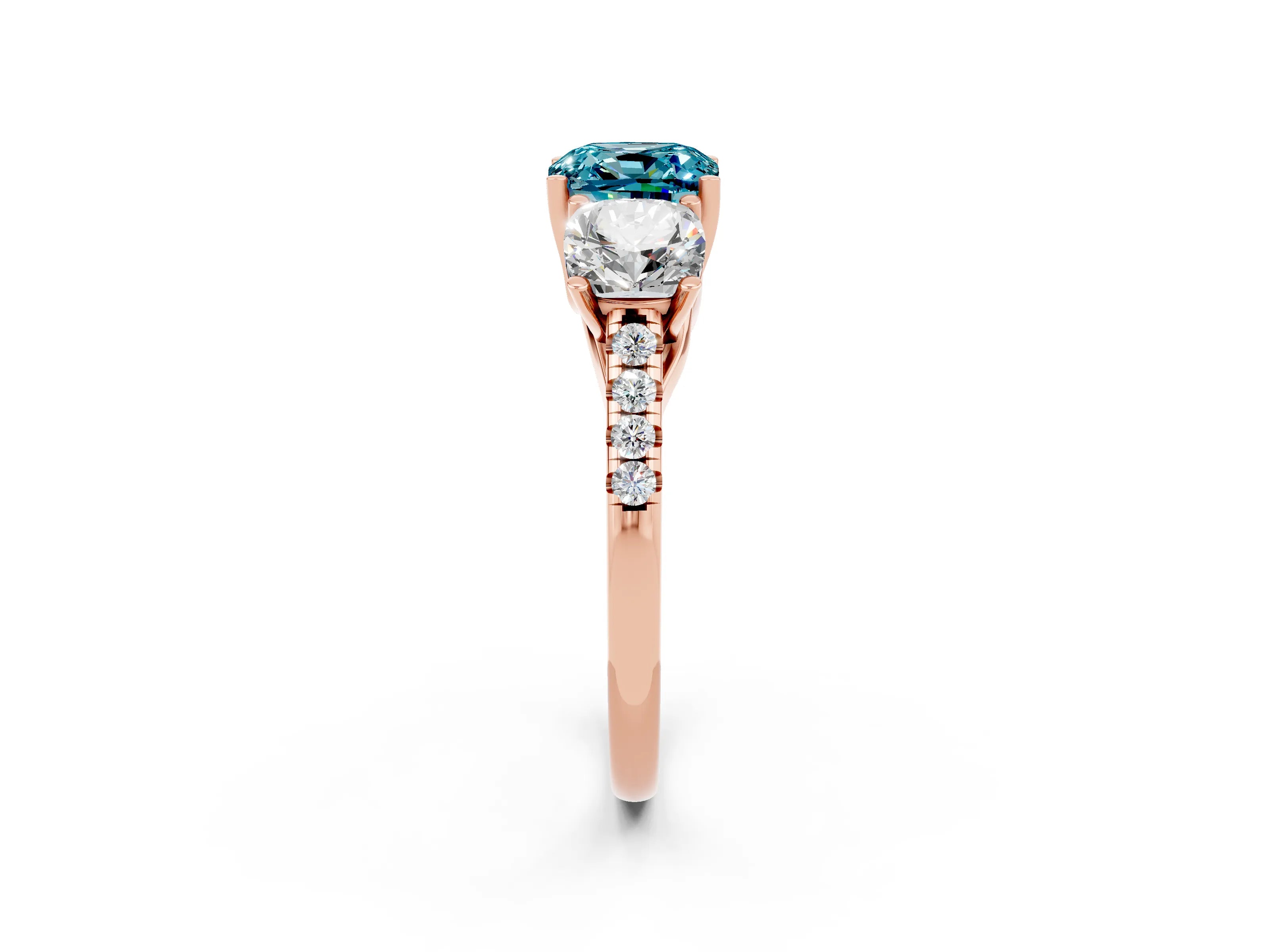 Rose gold Three-Stone Cushion Cut Blue Topaz Ring with Pavé Band and Prong Setting_14