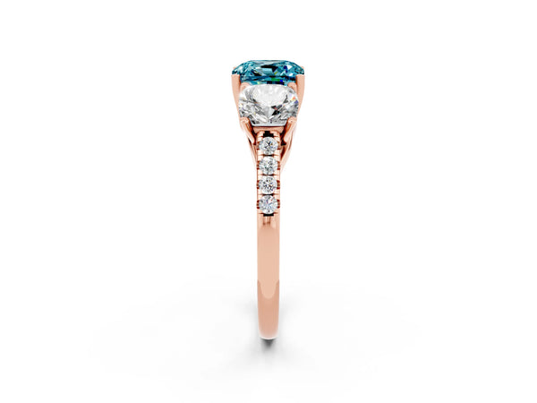 Rose gold Three-Stone Cushion Cut Blue Topaz Ring with Round  Pavé Band and Prong Setting