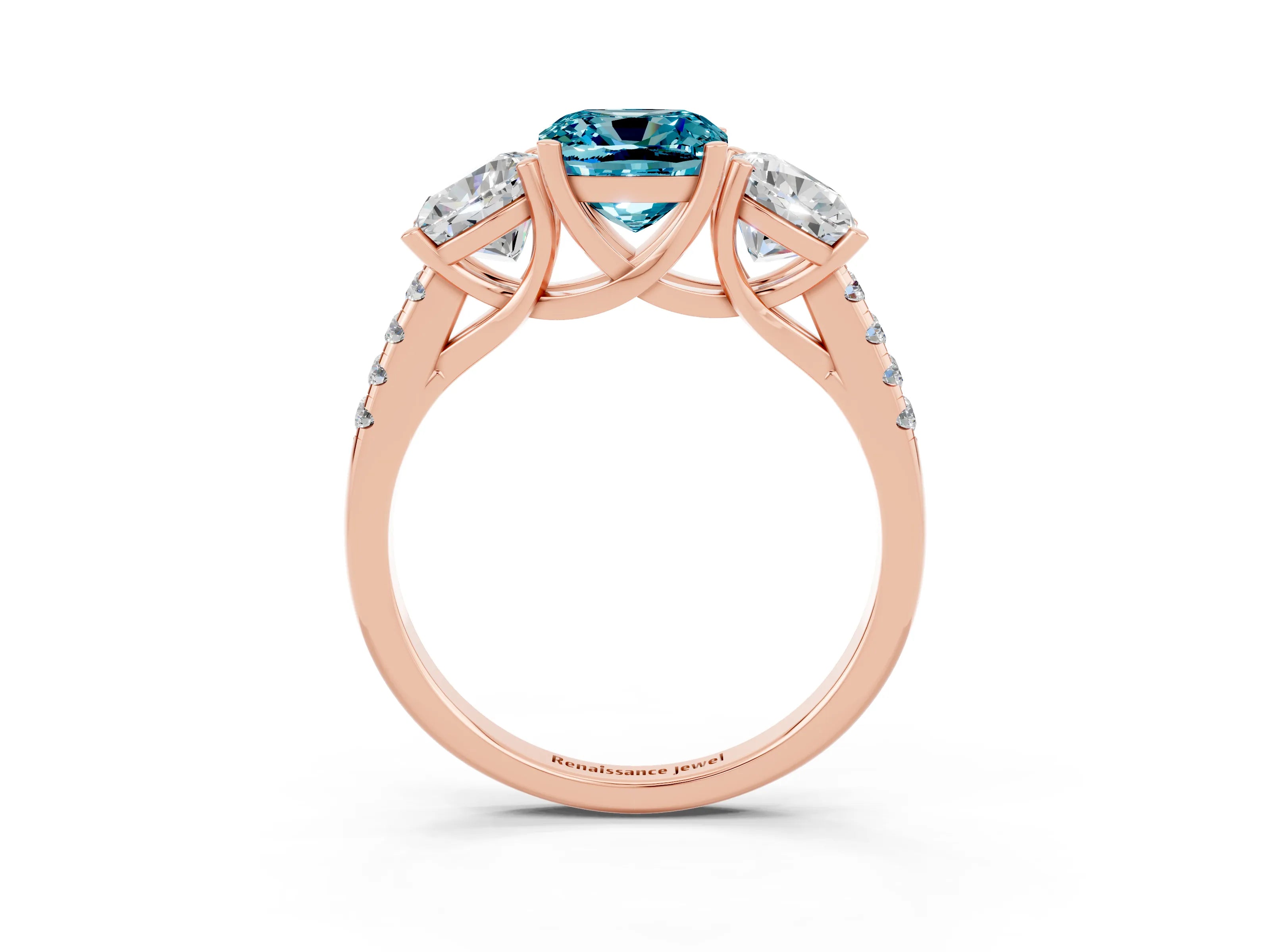 Rose gold Three-Stone Cushion Cut Blue Topaz Ring with Pavé Band and Prong Setting_15