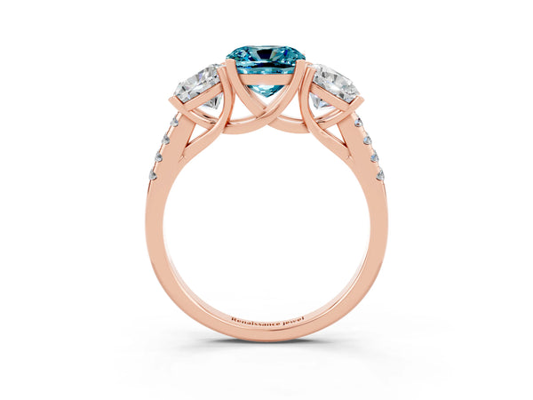Rose gold Three-Stone Cushion Cut Blue Topaz Ring with Round  Pavé Band and Prong Setting