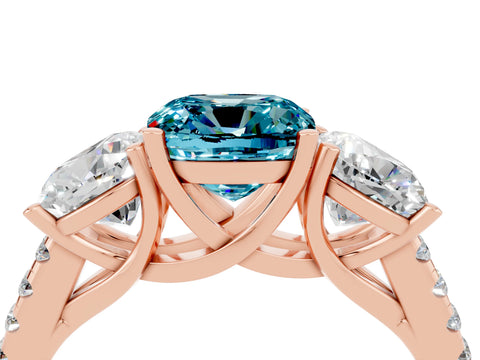 Rose gold Three-Stone Cushion Cut Blue Topaz Ring with Pavé Band and Prong Setting_16