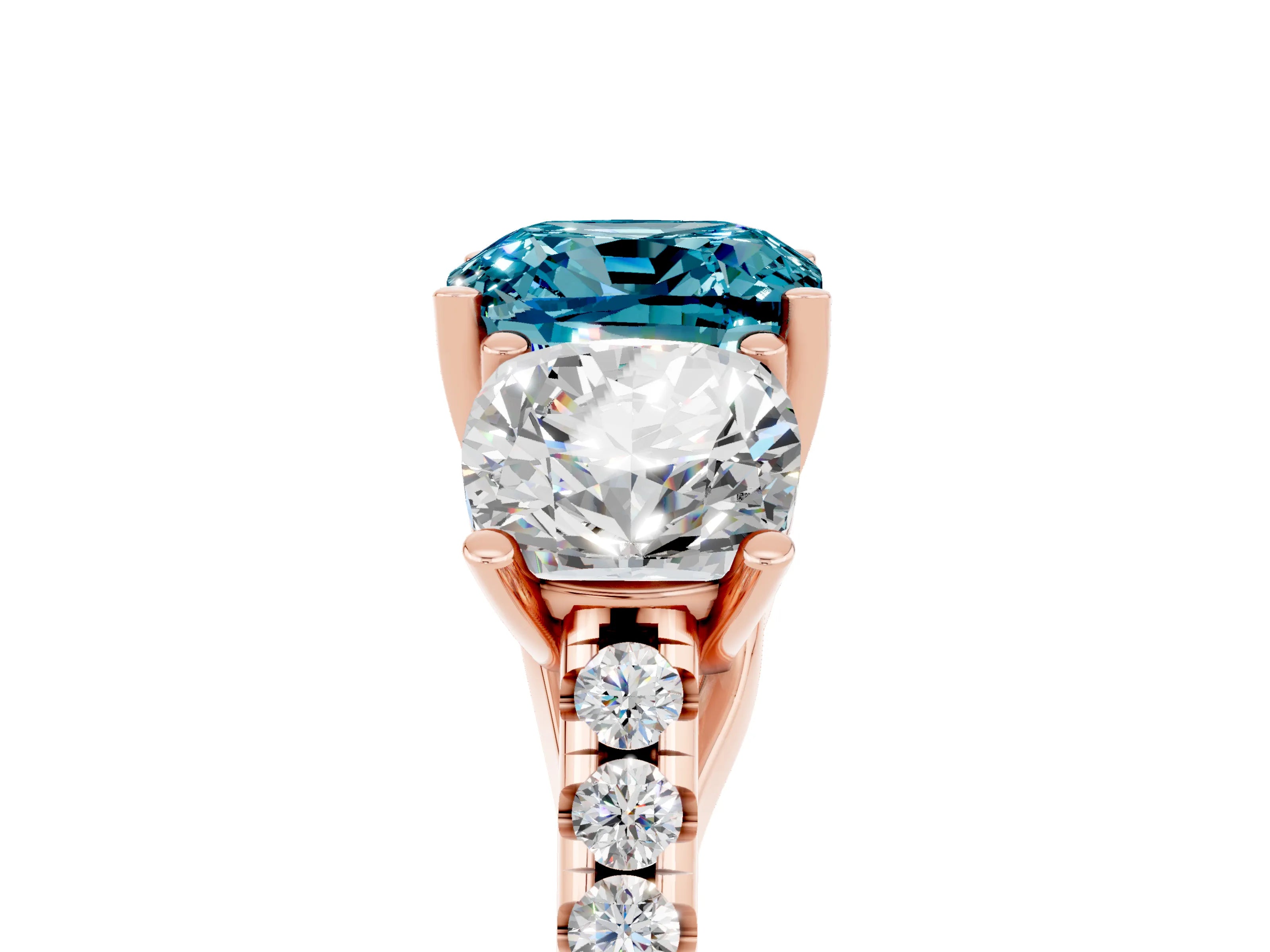 Rose gold Three-Stone Cushion Cut Blue Topaz Ring with Pavé Band and Prong Setting_17