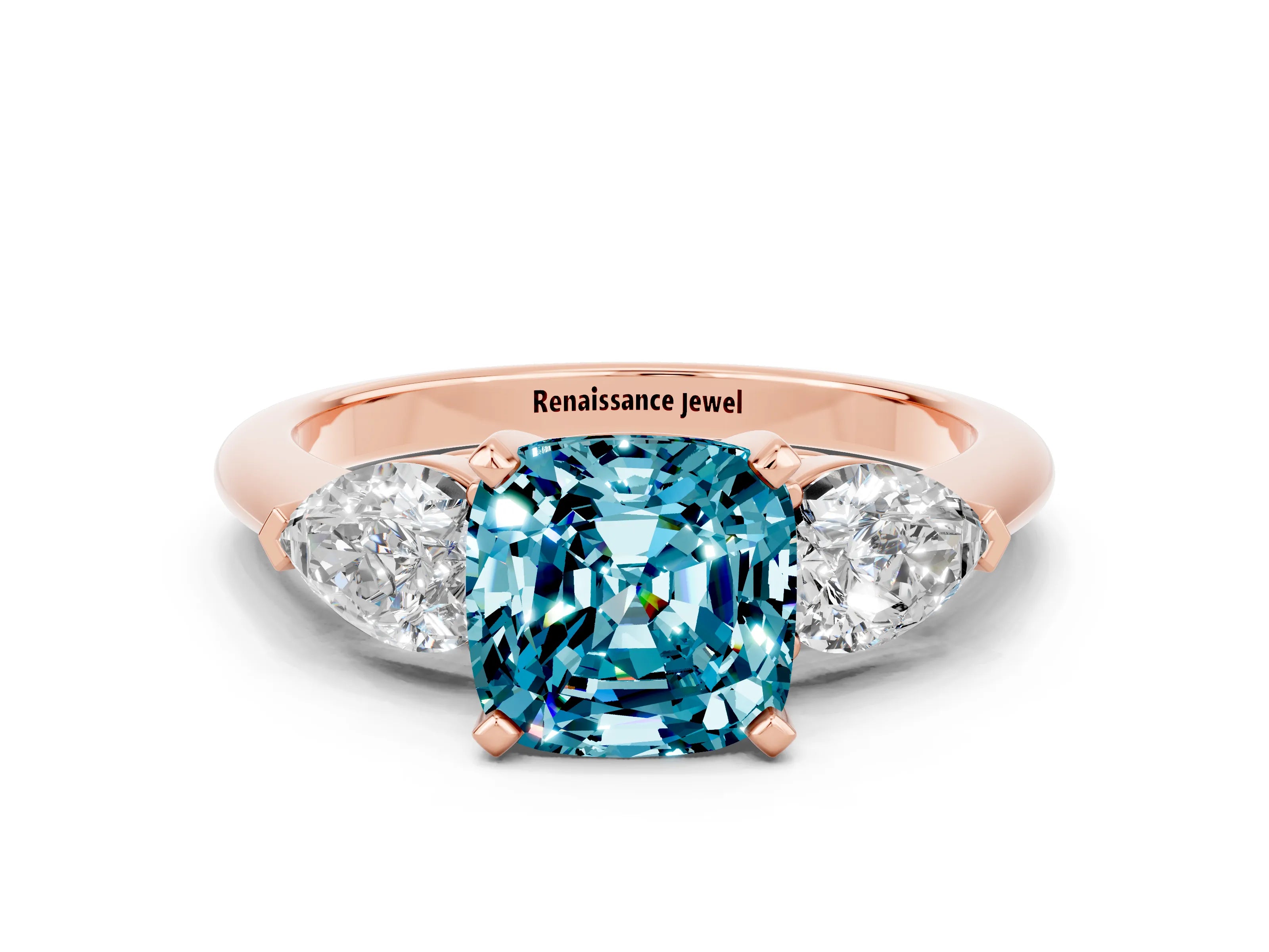 Rose gold Three-Stone Cushion Cut Blue Topaz Ring with Pear Side Stones and Four-Prong Setting