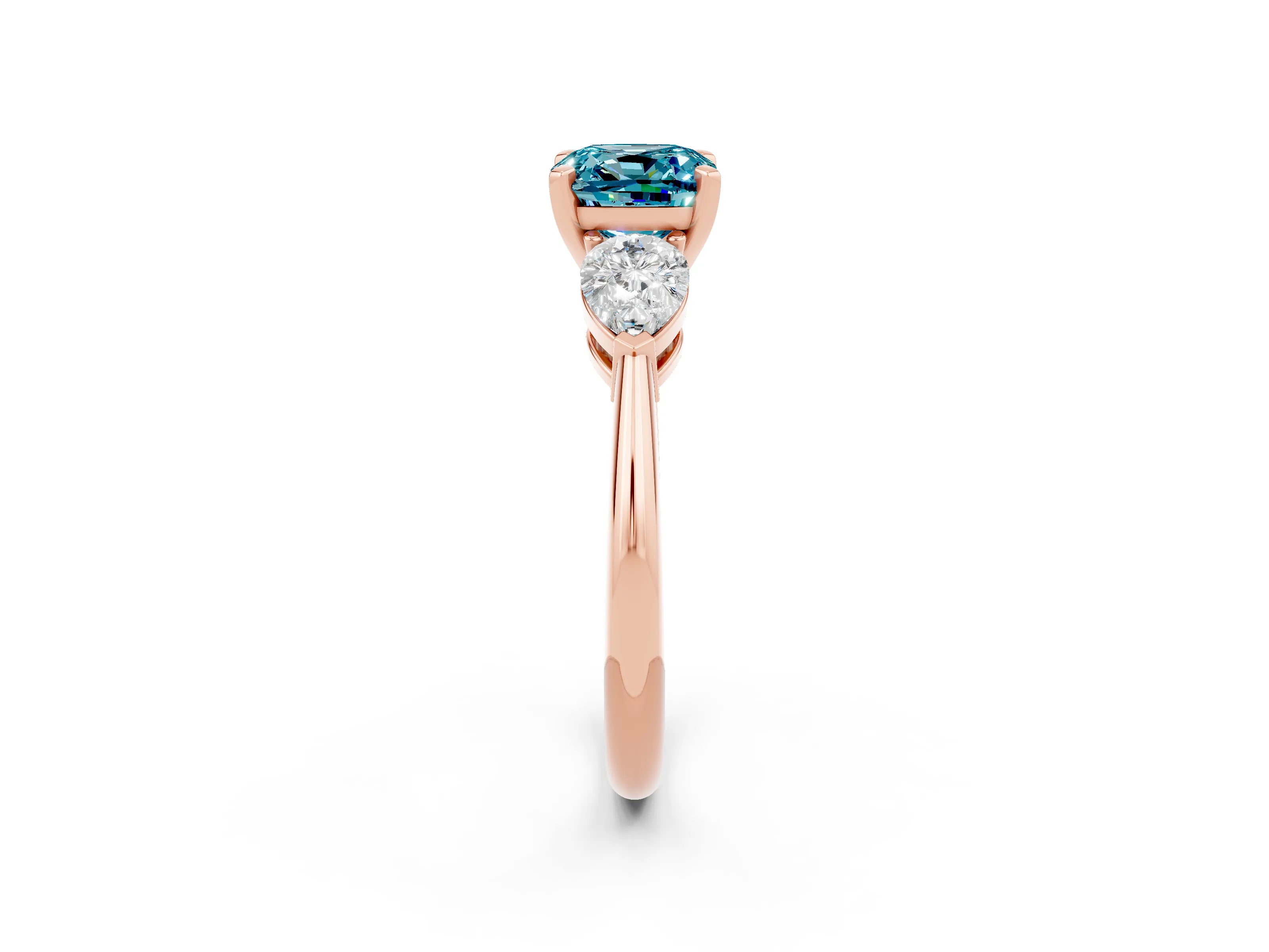 Rose gold Three-Stone Cushion Cut Blue Topaz Ring with Pear Side Stones and Four-Prong Setting_2