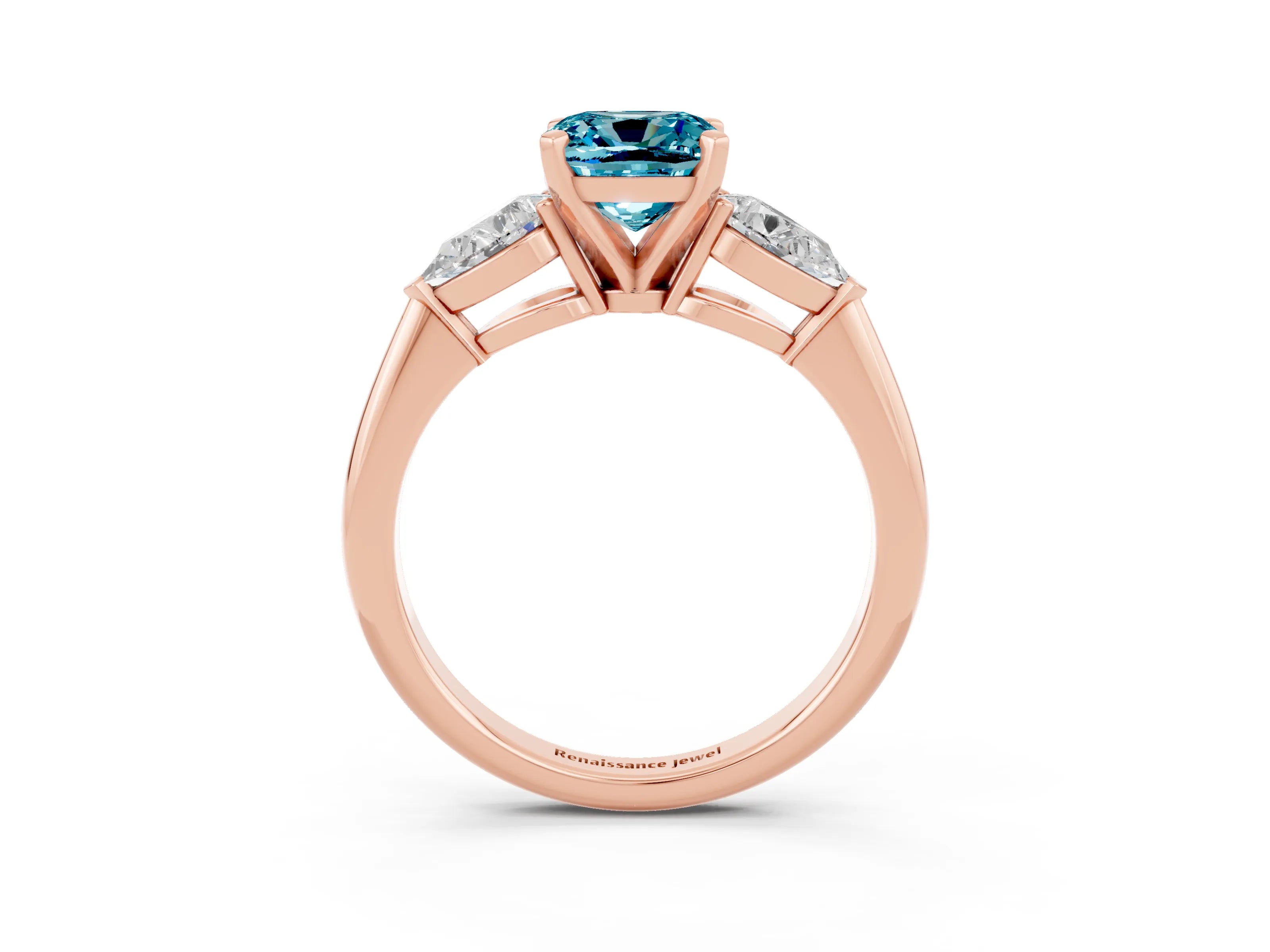 Rose gold Three-Stone Cushion Cut Blue Topaz Ring with Pear Side Stones and Four-Prong Setting_3