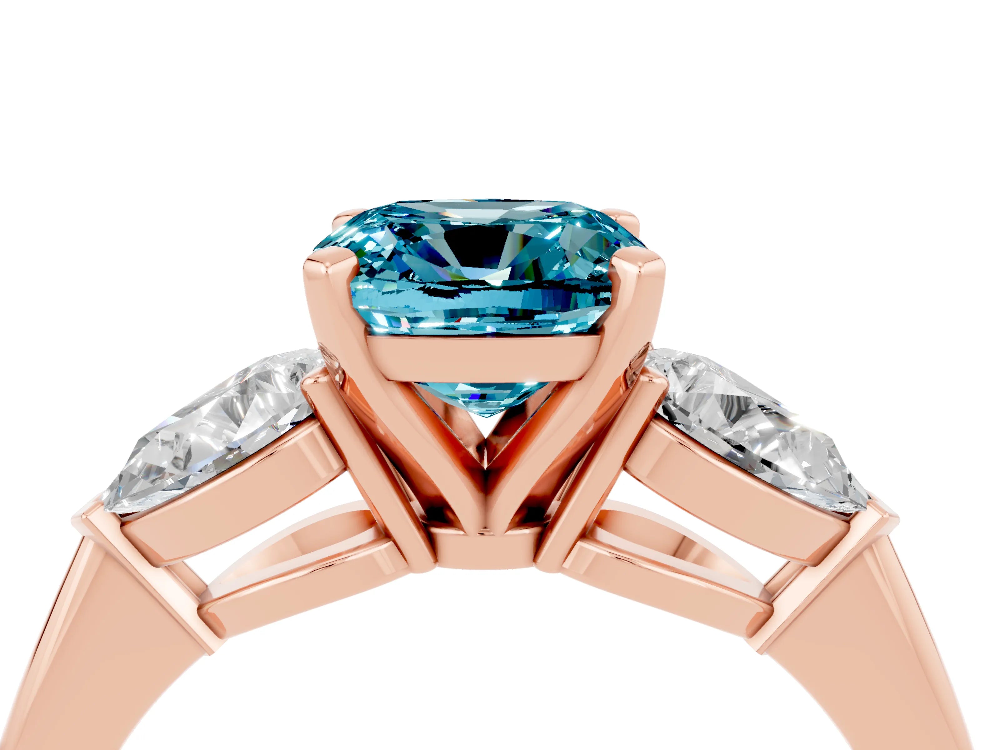 Rose gold Three-Stone Cushion Cut Blue Topaz Ring with Pear Side Stones and Four-Prong Setting_4