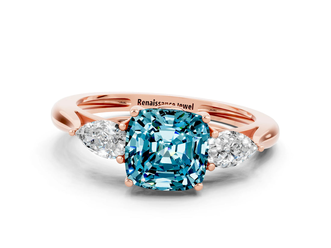 Rose gold Three-Stone Cushion Cut Blue Topaz Ring with Pear  Side Stones in Four-Prong Setting_12