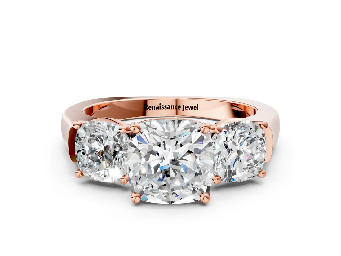 Rose gold Three-Stone Cushion Cut Brilliant Diamond Trellis Ring with Comfort Fit Band_3