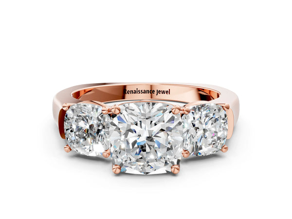 Rose gold Three-Stone Cushion Cut Brilliant Diamond Trellis Ring with Comfort Fit Band
