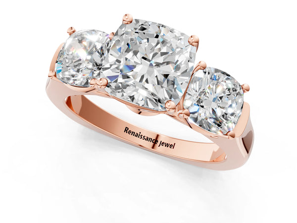 Rose gold Three-Stone Cushion Cut Brilliant Diamond Trellis Ring with Comfort Fit Band