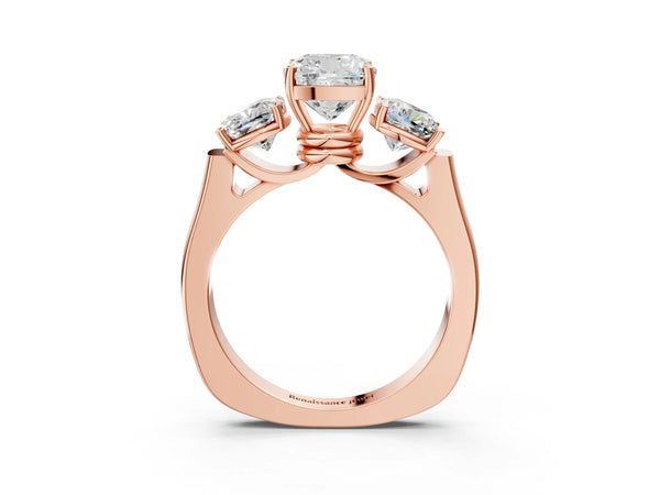 Rose gold Three-Stone Cushion Cut Brilliant Diamond Trellis Ring with Comfort Fit Band
