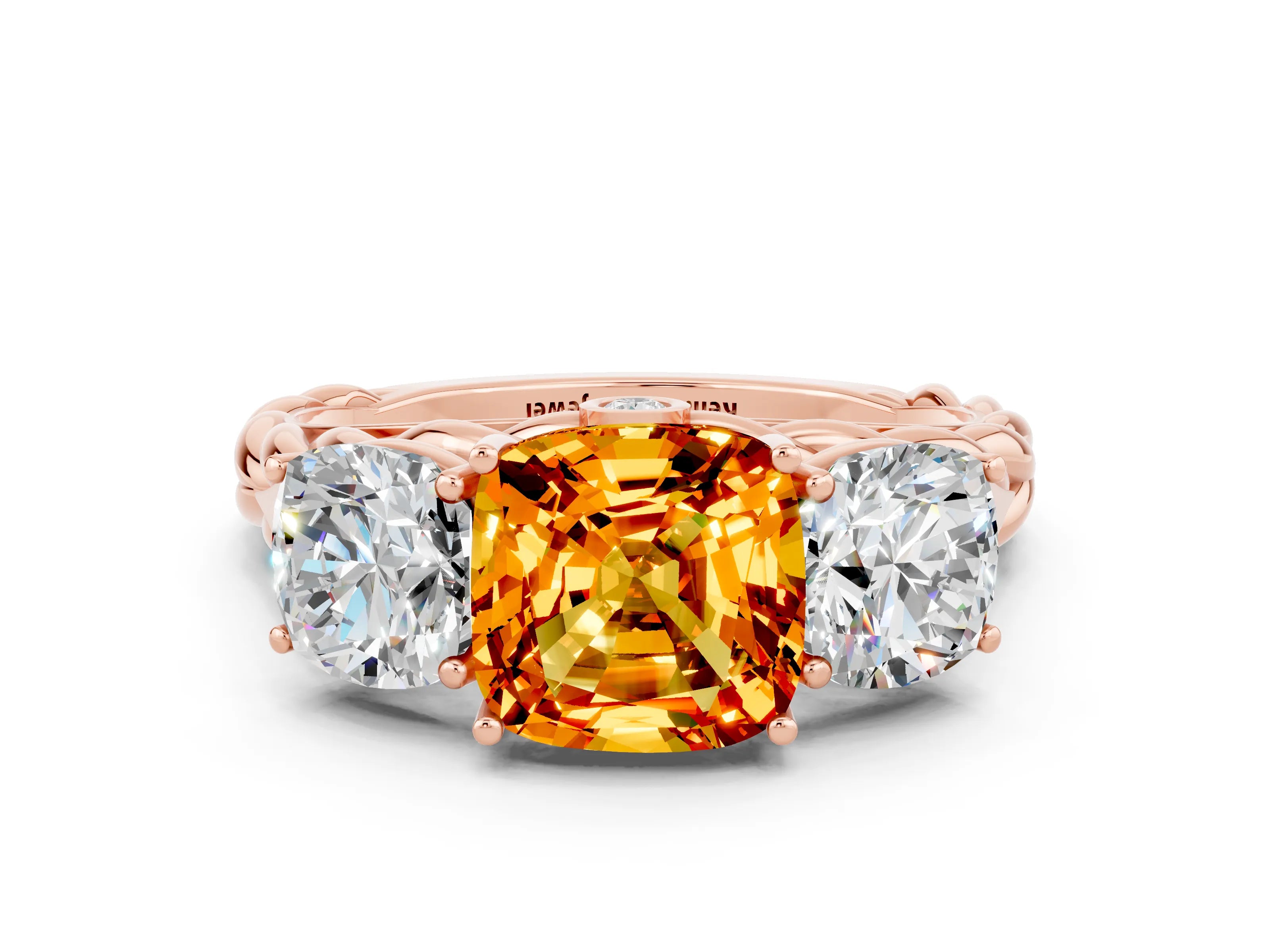 Rose gold Three-Stone Cushion Cut Citrine Braided Band Ring with Four-Prong Setting_12