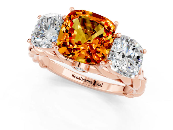 Rose gold Three-Stone Cushion Cut Citrine Braided Band Ring with Four-Prong Setting