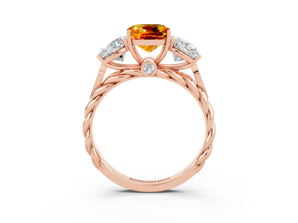 Rose gold Three-Stone Cushion Cut Citrine Braided Band Ring with Four-Prong Setting