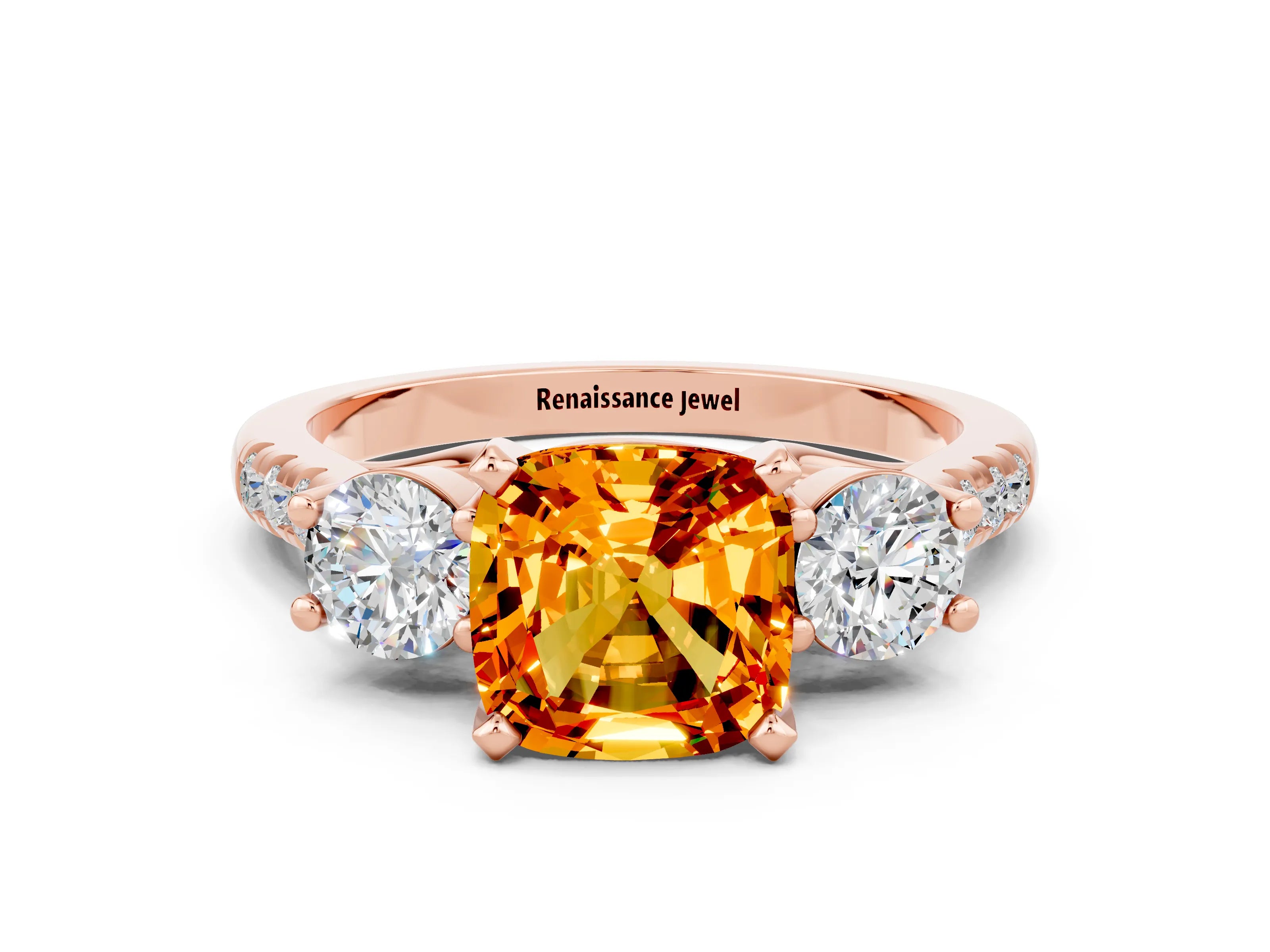 Rose gold Three-Stone Cushion Cut Citrine Pavé Band with Four-Prong Setting