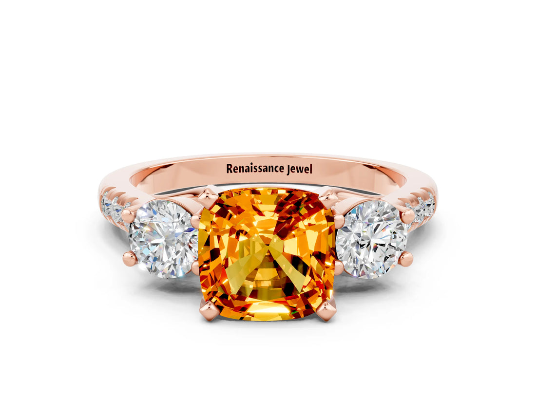 Rose gold Three-Stone Cushion Cut Citrine Pavé Band with Four-Prong Setting