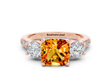 Rose gold Three-Stone Cushion Cut Citrine Pavé Band with Four-Prong Setting