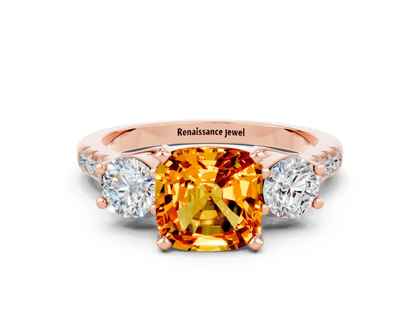 Rose gold Three-Stone Cushion Cut Citrine Pavé Band with Four-Prong Setting