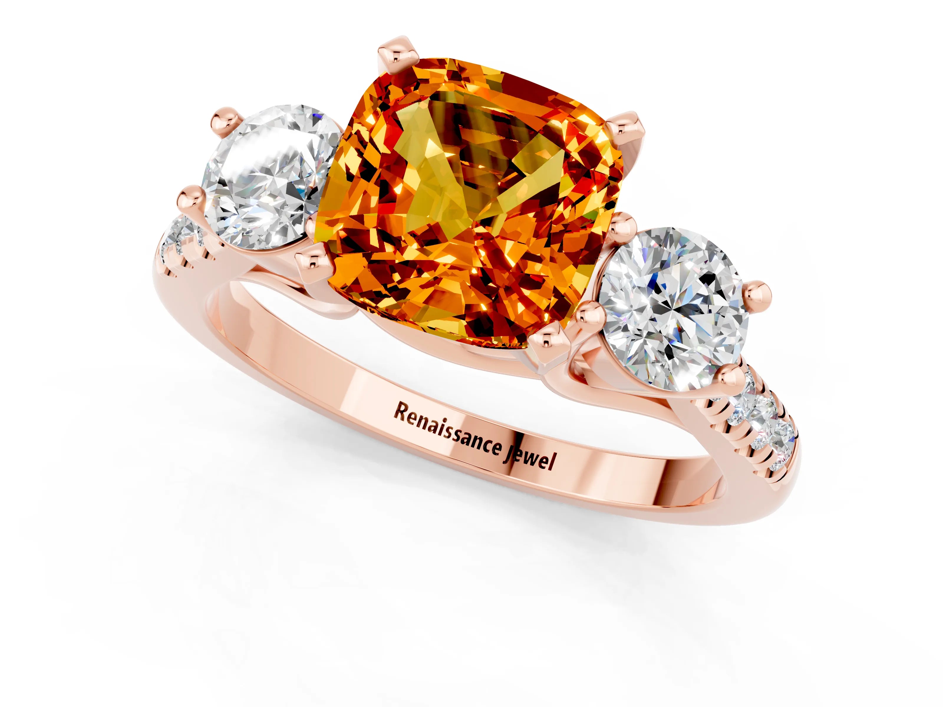 Rose gold Three-Stone Cushion Cut Citrine Pavé Band with Four-Prong Setting_1