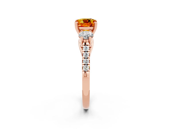 Rose gold Three-Stone Cushion Cut Citrine Pavé Band with Four-Prong Setting