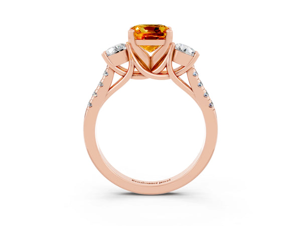 Rose gold Three-Stone Cushion Cut Citrine Pavé Band with Four-Prong Setting