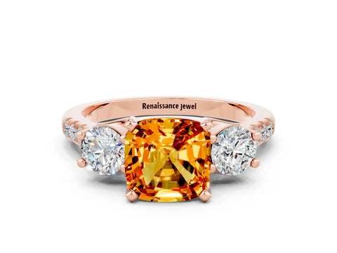 Rose gold Three-Stone Cushion Cut Citrine Pavé Band with Four-Prong Setting