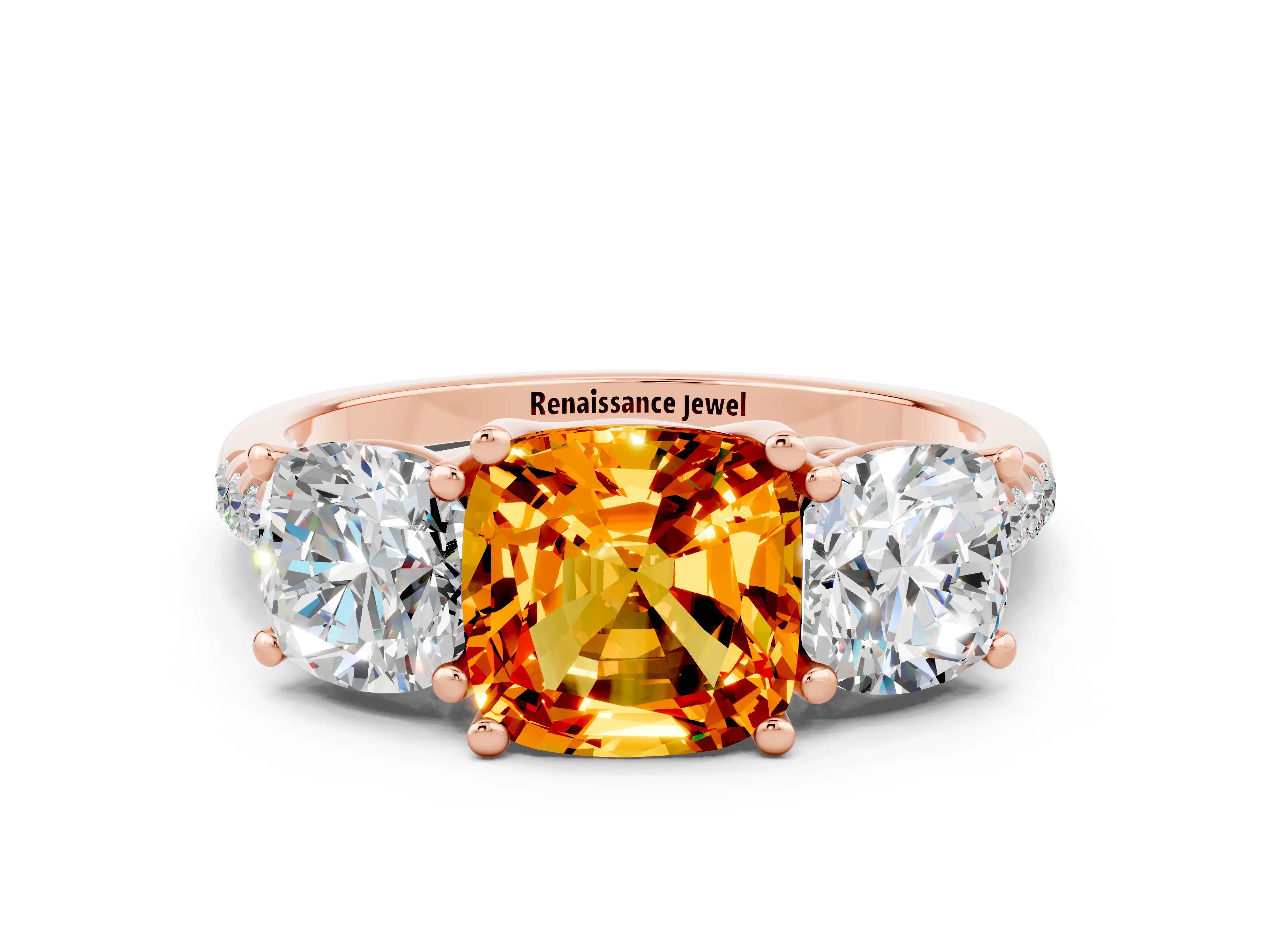 Rose gold Three-Stone Cushion Cut Citrine Ring with Pavé Band and Prong Setting_12