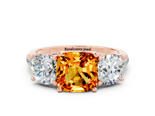 Rose gold Three-Stone Cushion Cut Citrine Ring with Round  Pavé Band and Prong Setting
