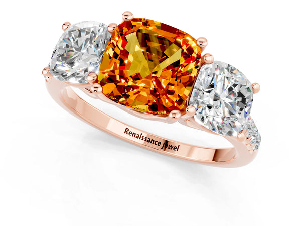 Rose gold Three-Stone Cushion Cut Citrine Ring with Round  Pavé Band and Prong Setting