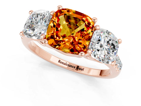 Rose gold Three-Stone Cushion Cut Citrine Ring with Pavé Band and Prong Setting_13