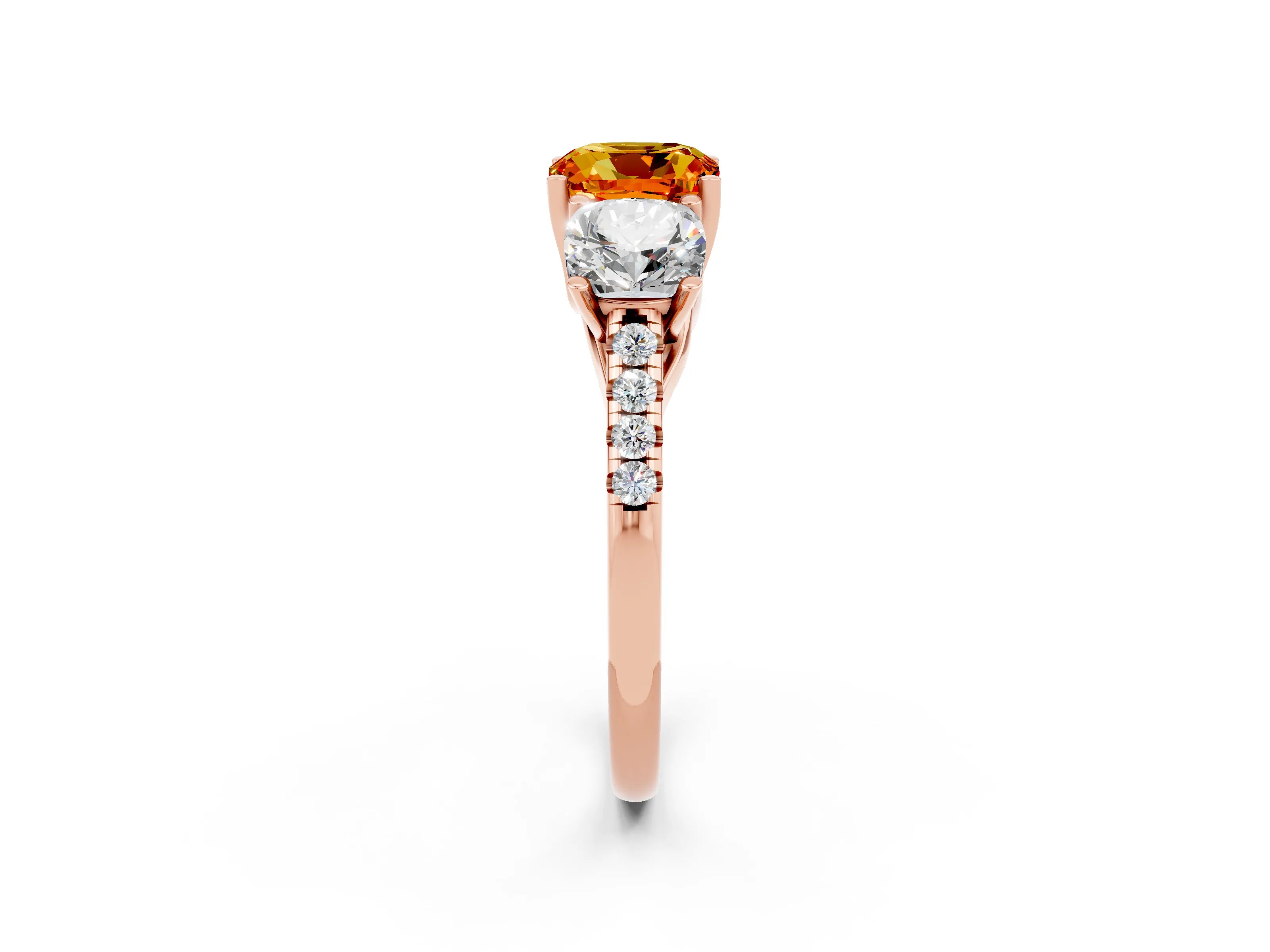 Rose gold Three-Stone Cushion Cut Citrine Ring with Pavé Band and Prong Setting_14