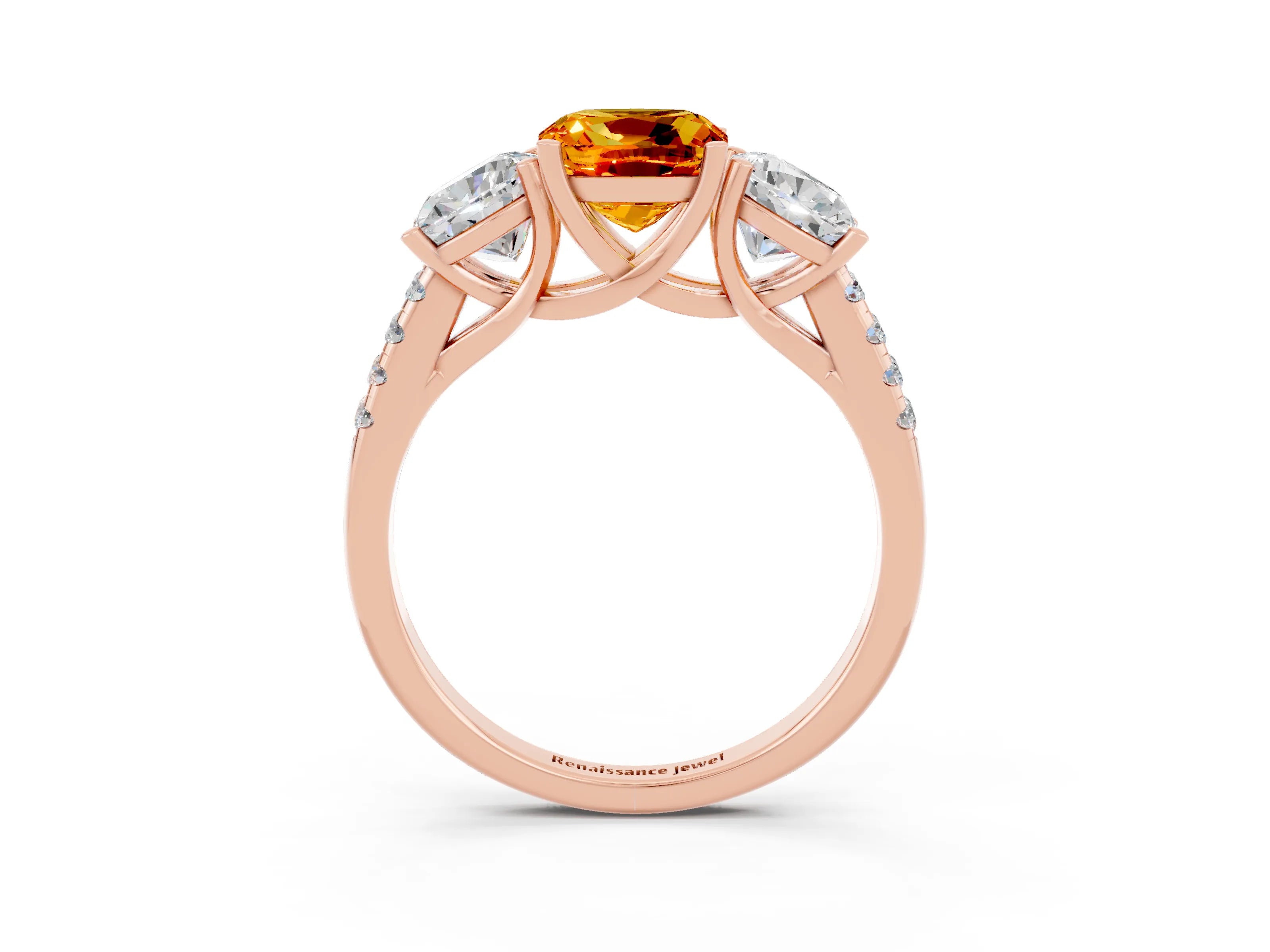 Rose gold Three-Stone Cushion Cut Citrine Ring with Pavé Band and Prong Setting_15