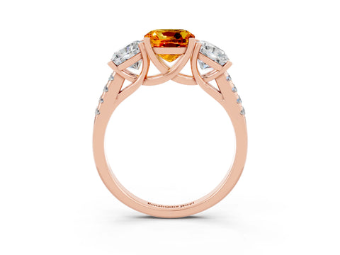 Rose gold Three-Stone Cushion Cut Citrine Ring with Pavé Band and Prong Setting_15